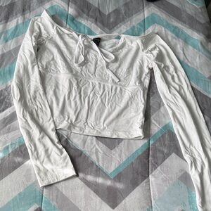 Long-Sleeve White Tie-Front Crop Top